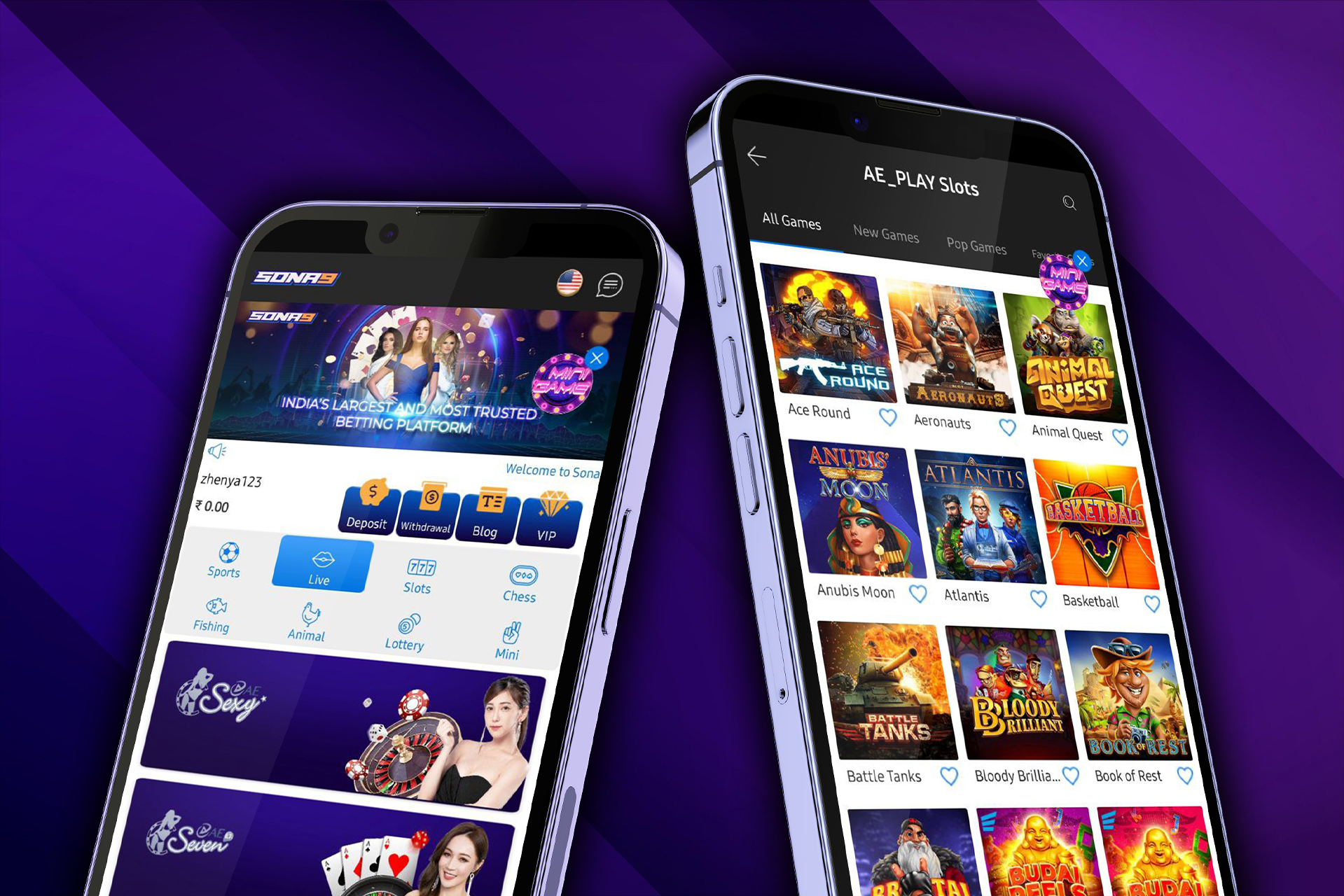 Play different popular casino games in the Sona9 app.