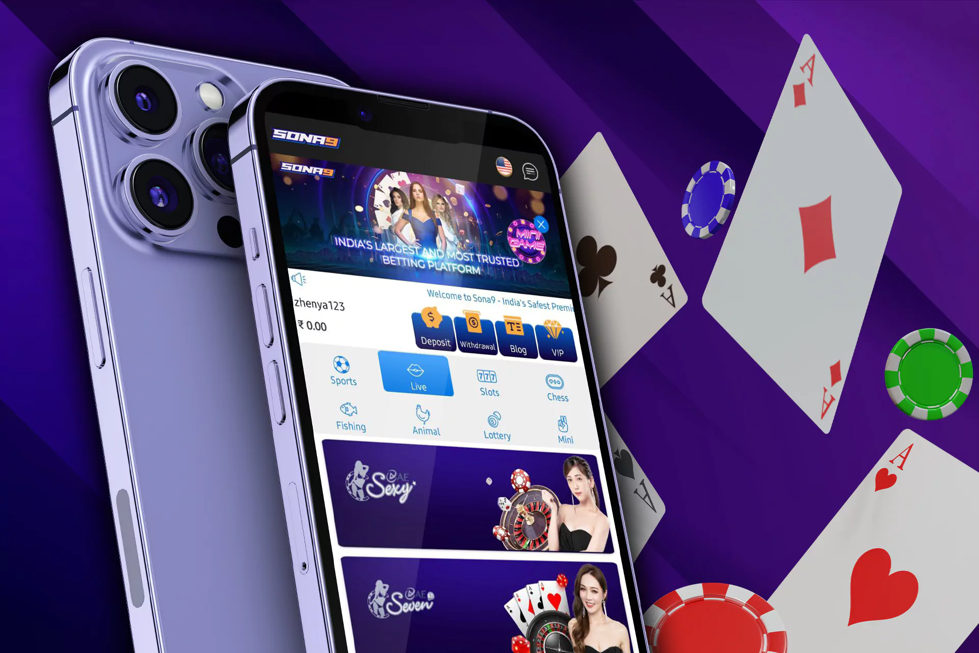 Sona9 app also has the online casino section.