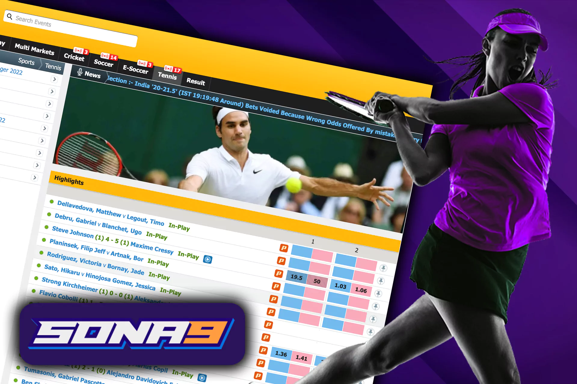 Bet on tennis matches at Sona9.