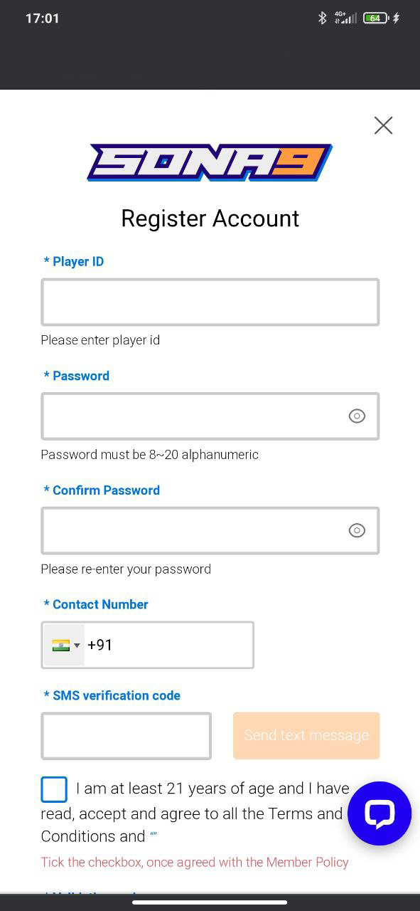 Sona9 registration form.